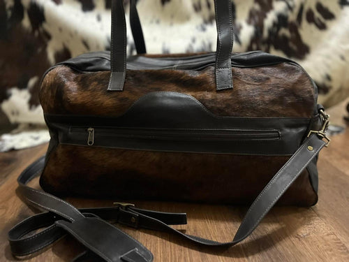 Large genuine cowhide brindle duffel bag