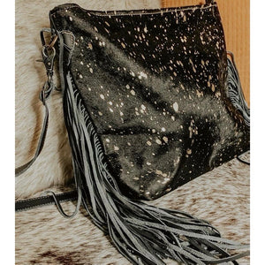 Black shimmer fringe cowhide bag