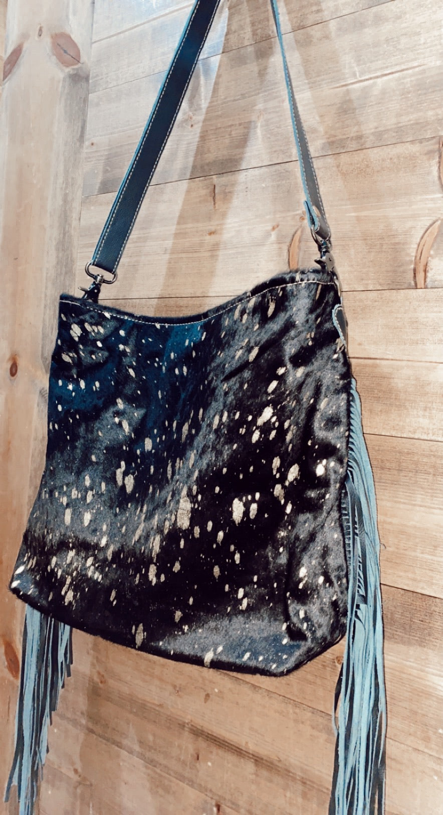 Black shimmer fringe cowhide bag