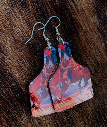 Bucking horse cattle tag earrings